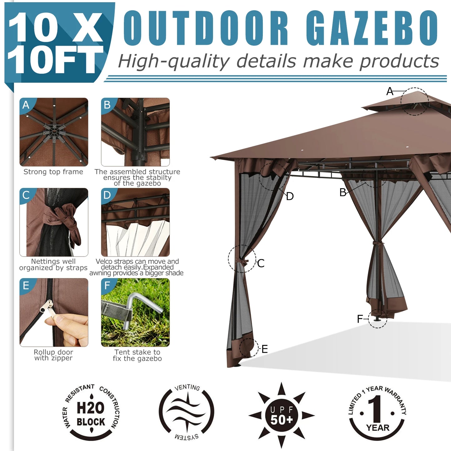 10' x 10' Steel Frame Patio Gazebo with Double Roof &amp; Mesh Netting