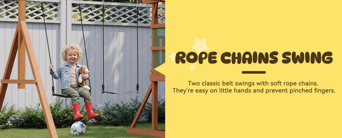 Wooden Backyard Swing Set with Slide, Swings &amp; Climbing Wall