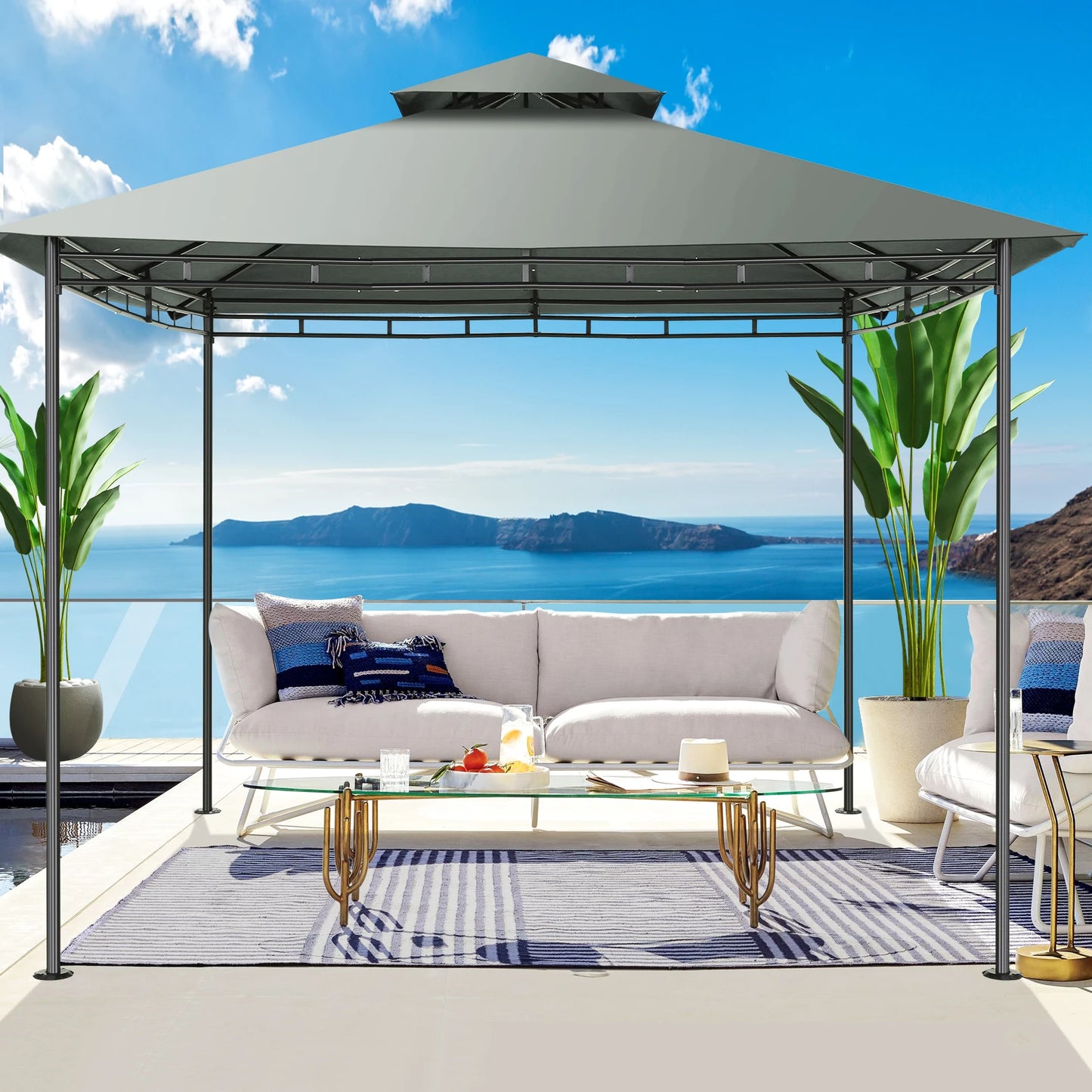 10' x 10' Steel Frame Patio Gazebo with Double Roof &amp; Mesh Netting