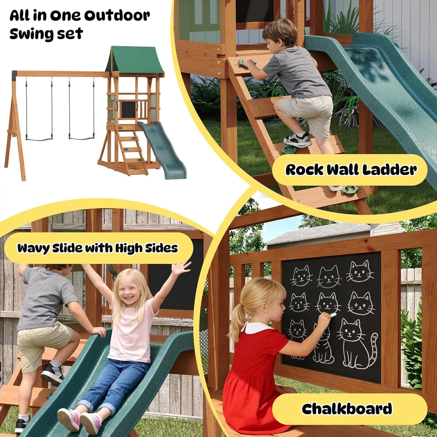 Wooden Backyard Swing Set with Slide, Swings &amp; Climbing Wall