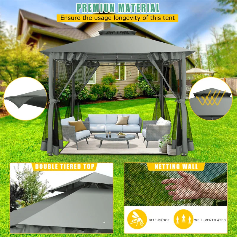 10' x 10' Steel Frame Patio Gazebo with Double Roof &amp; Mesh Netting