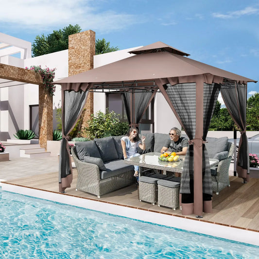 10' x 10' Steel Frame Patio Gazebo with Double Roof &amp; Mesh Netting