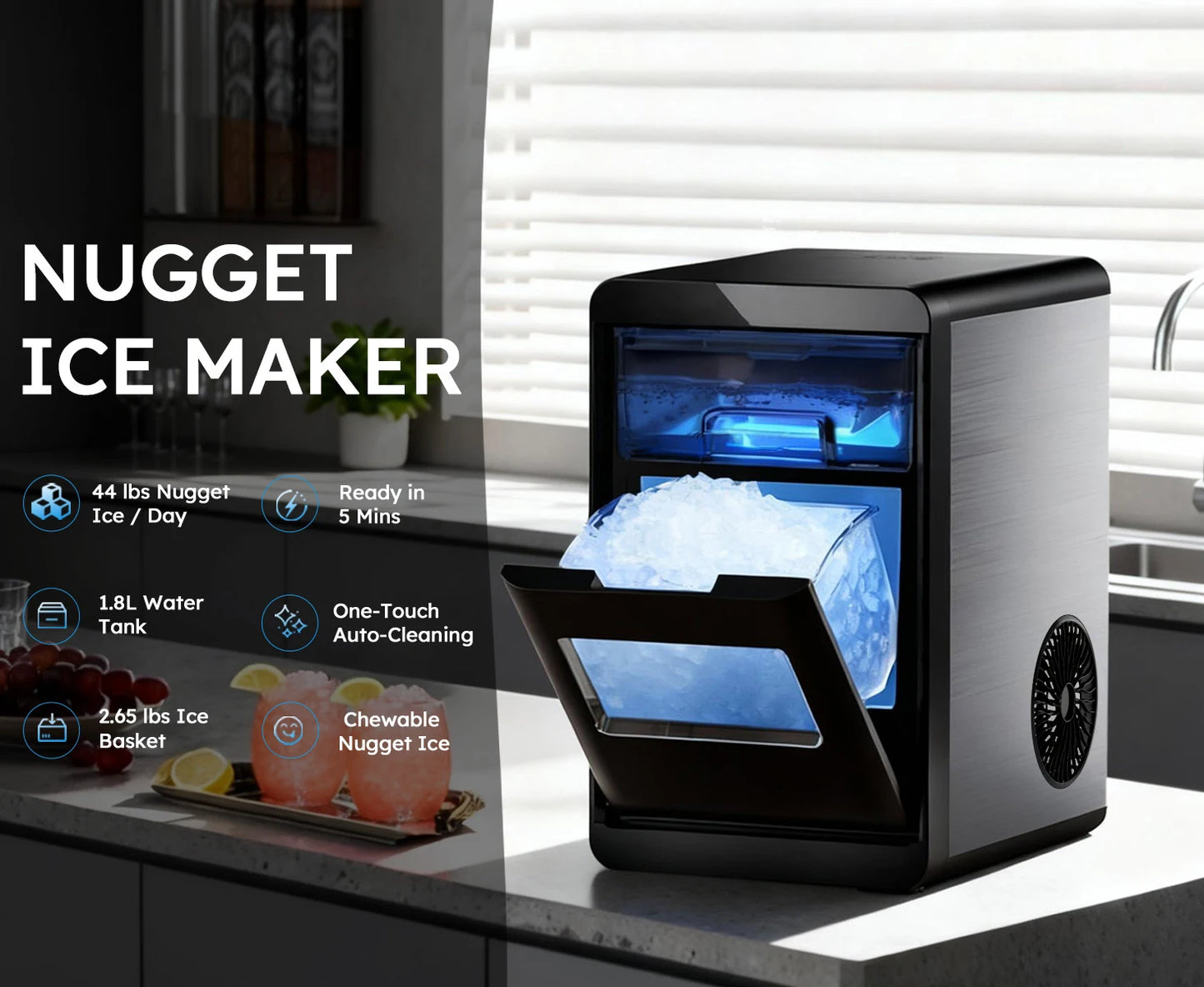 Countertop Nugget Ice Maker – 44 lbs/Day, Self-Cleaning