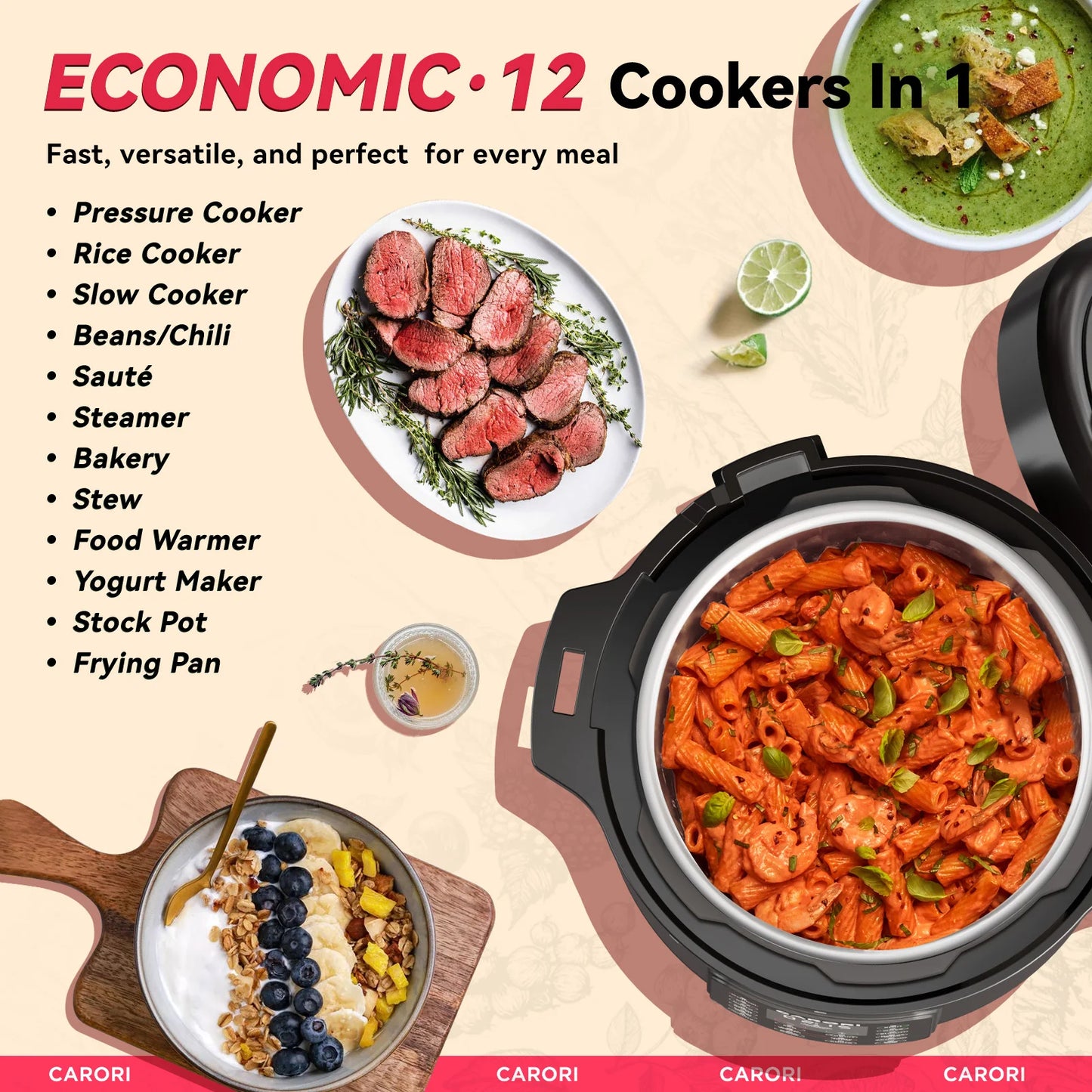 Carori 12-In-1 Electric Pressure Cooker Multicooker With Slow Cooking