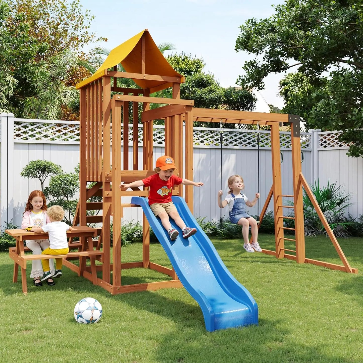 Wooden Backyard Swing Set With Wave Slide And Climbing Wall