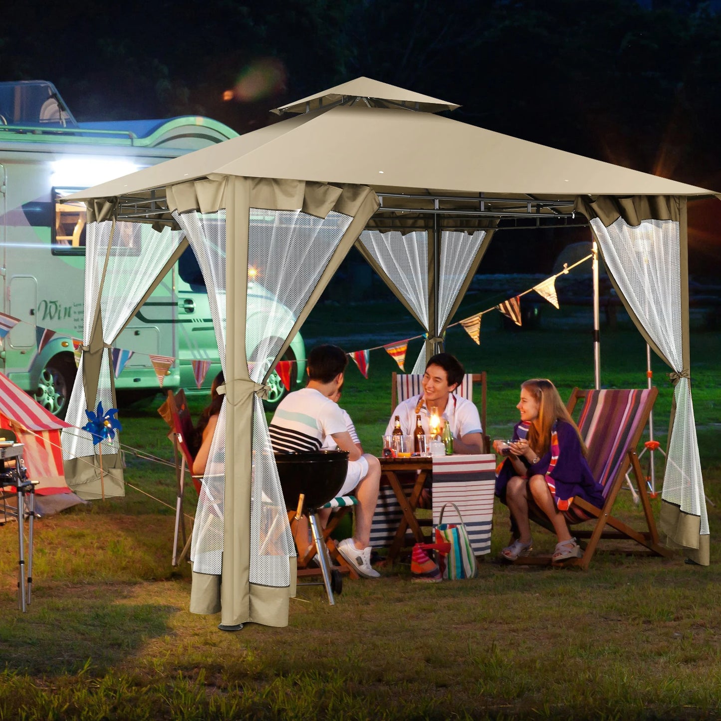 10' x 10' Steel Frame Patio Gazebo with Double Roof &amp; Mesh Netting