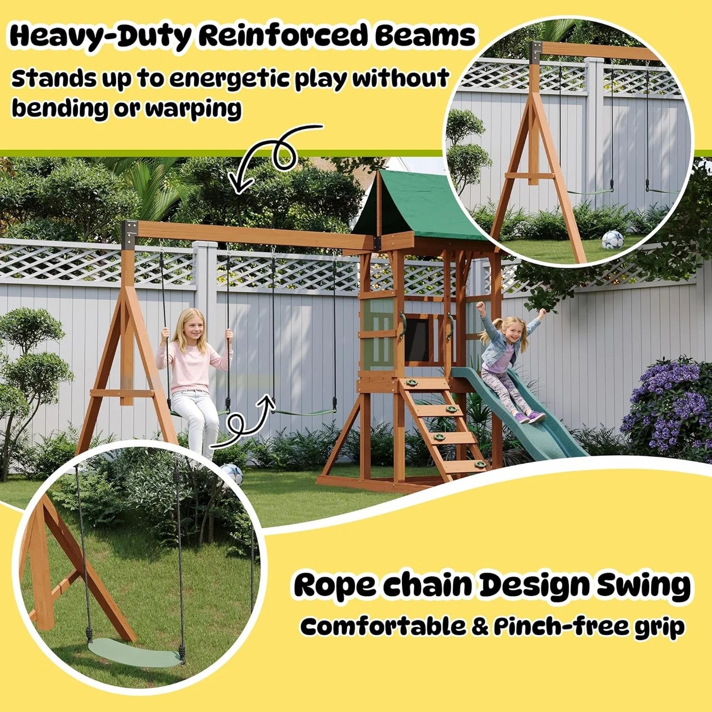 Wooden Backyard Swing Set with Slide, Swings &amp; Climbing Wall