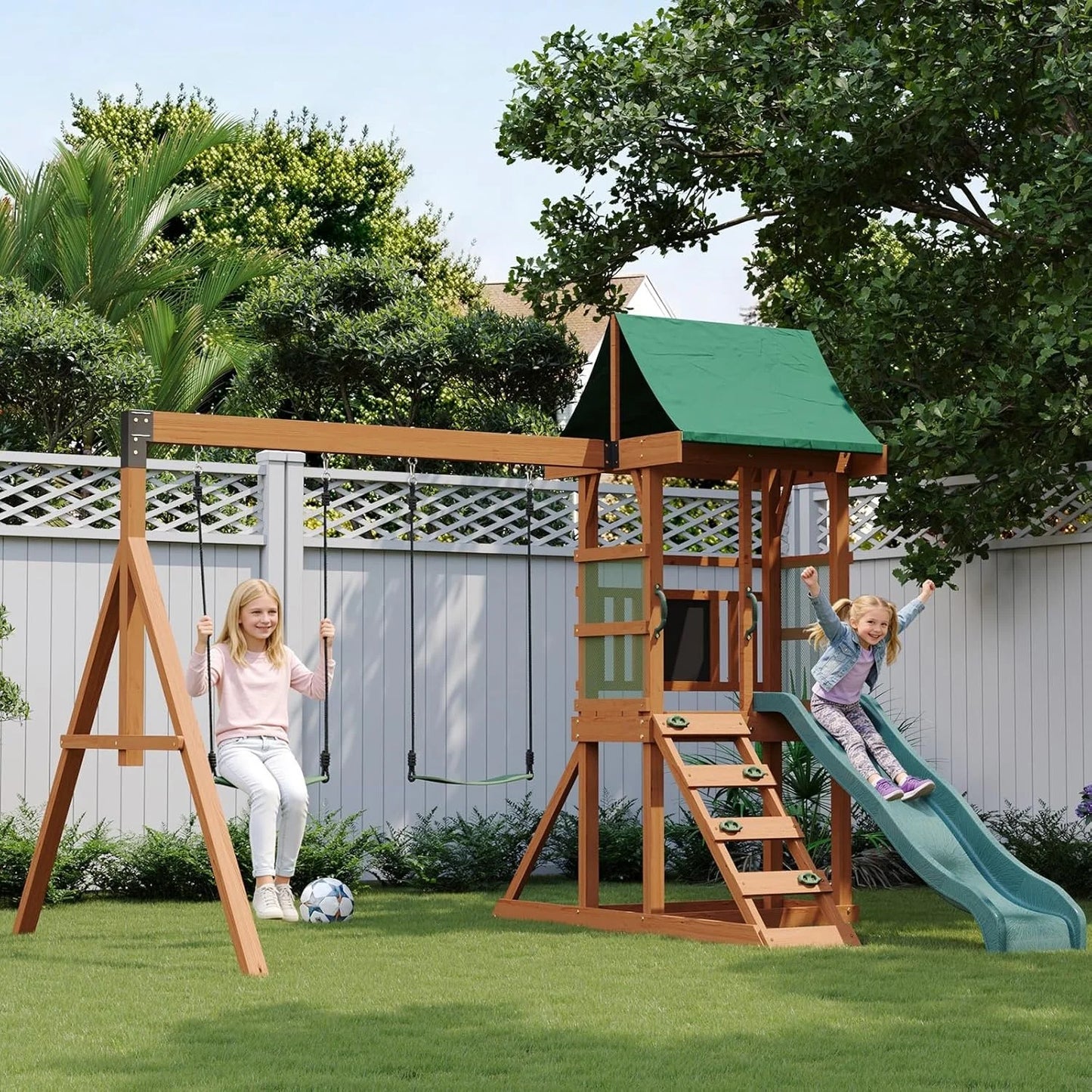 Wooden Backyard Swing Set with Slide, Swings &amp; Climbing Wall