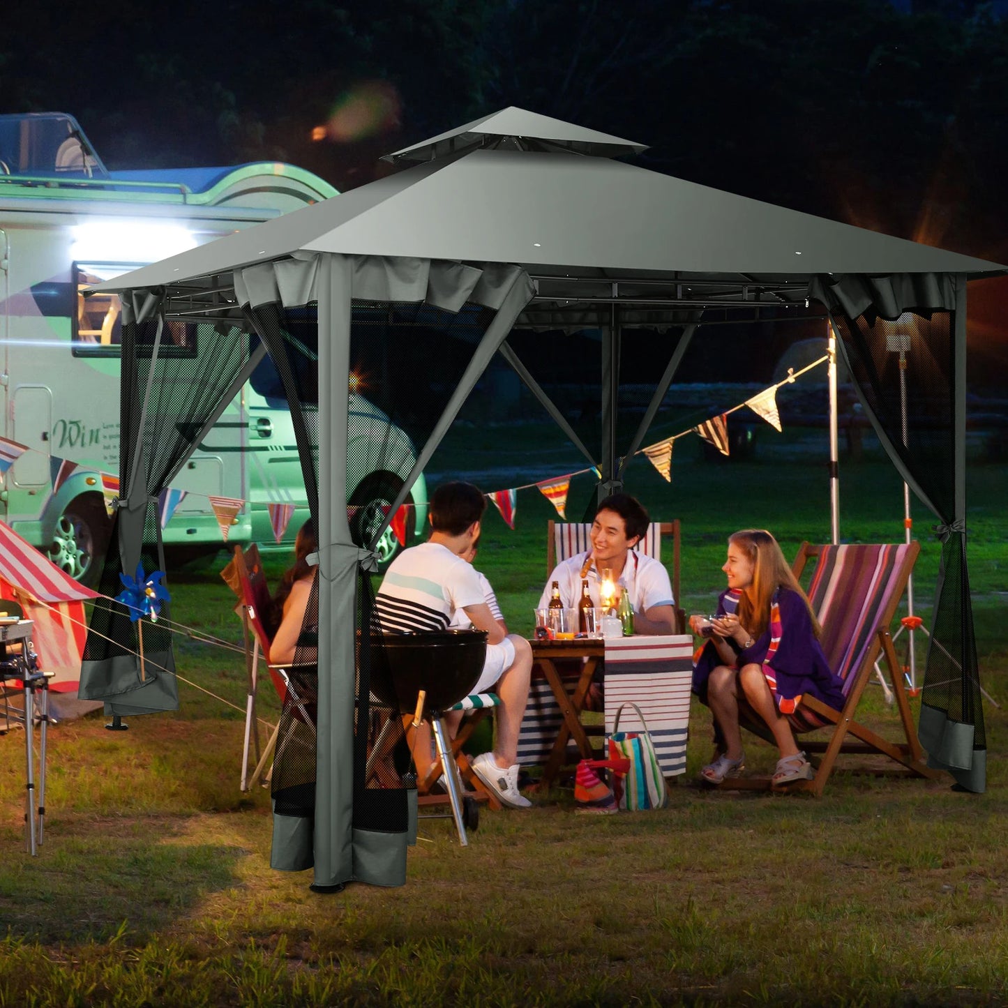 10' x 10' Steel Frame Patio Gazebo with Double Roof &amp; Mesh Netting