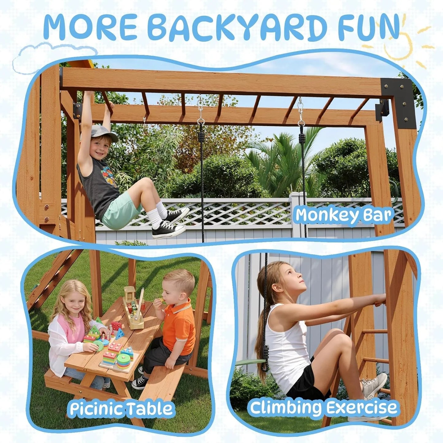 Wooden Backyard Swing Set With Wave Slide And Climbing Wall