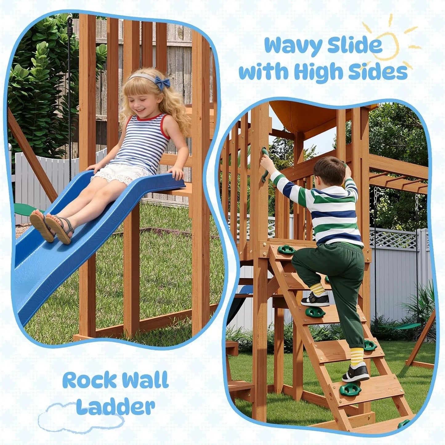 Wooden Backyard Swing Set With Wave Slide And Climbing Wall