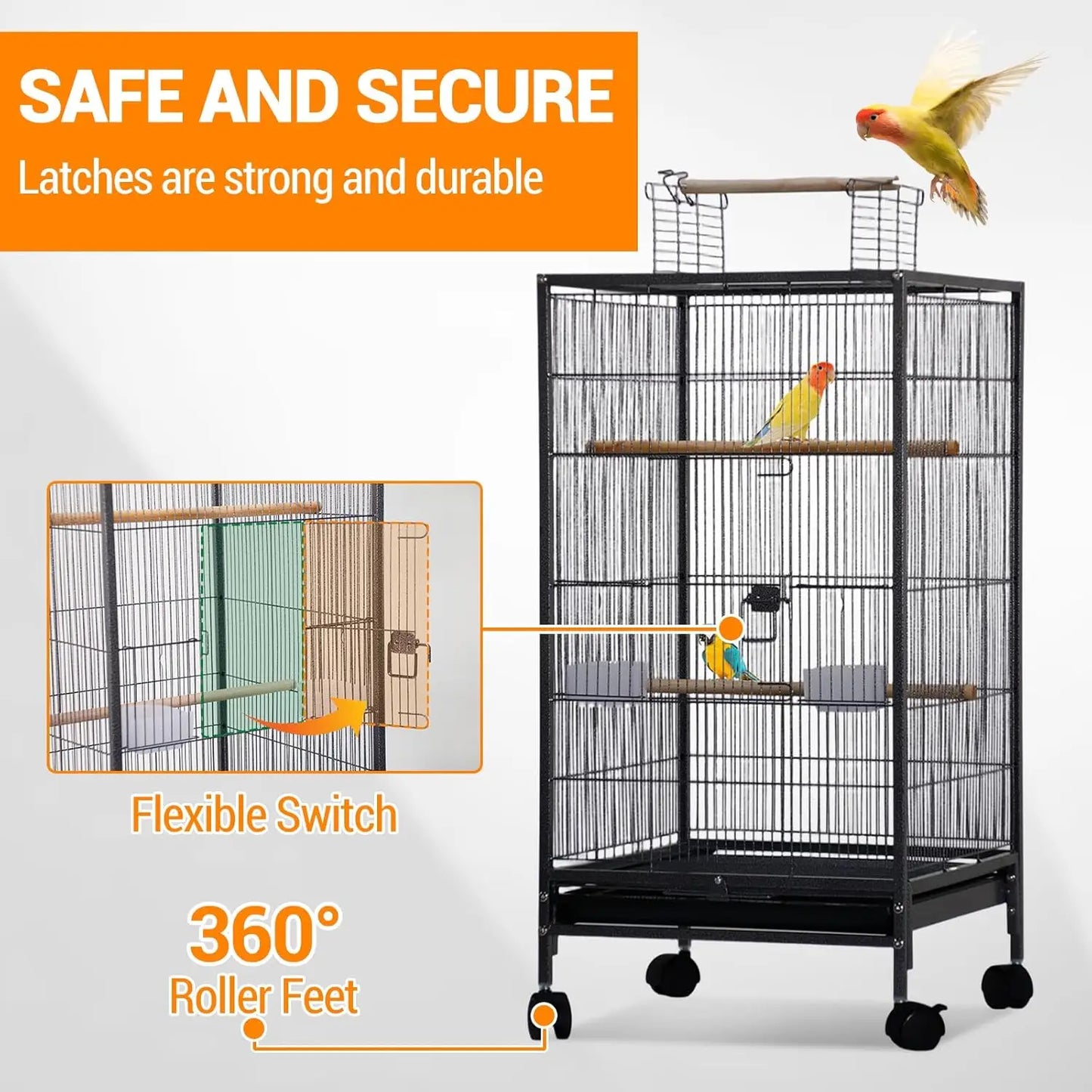 Wrought Iron Bird Cage With Rolling Stand Open Top Tray