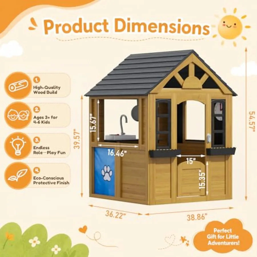 Outdoor Wooden Playhouse with Kitchen, Snack Bar & Pet Door