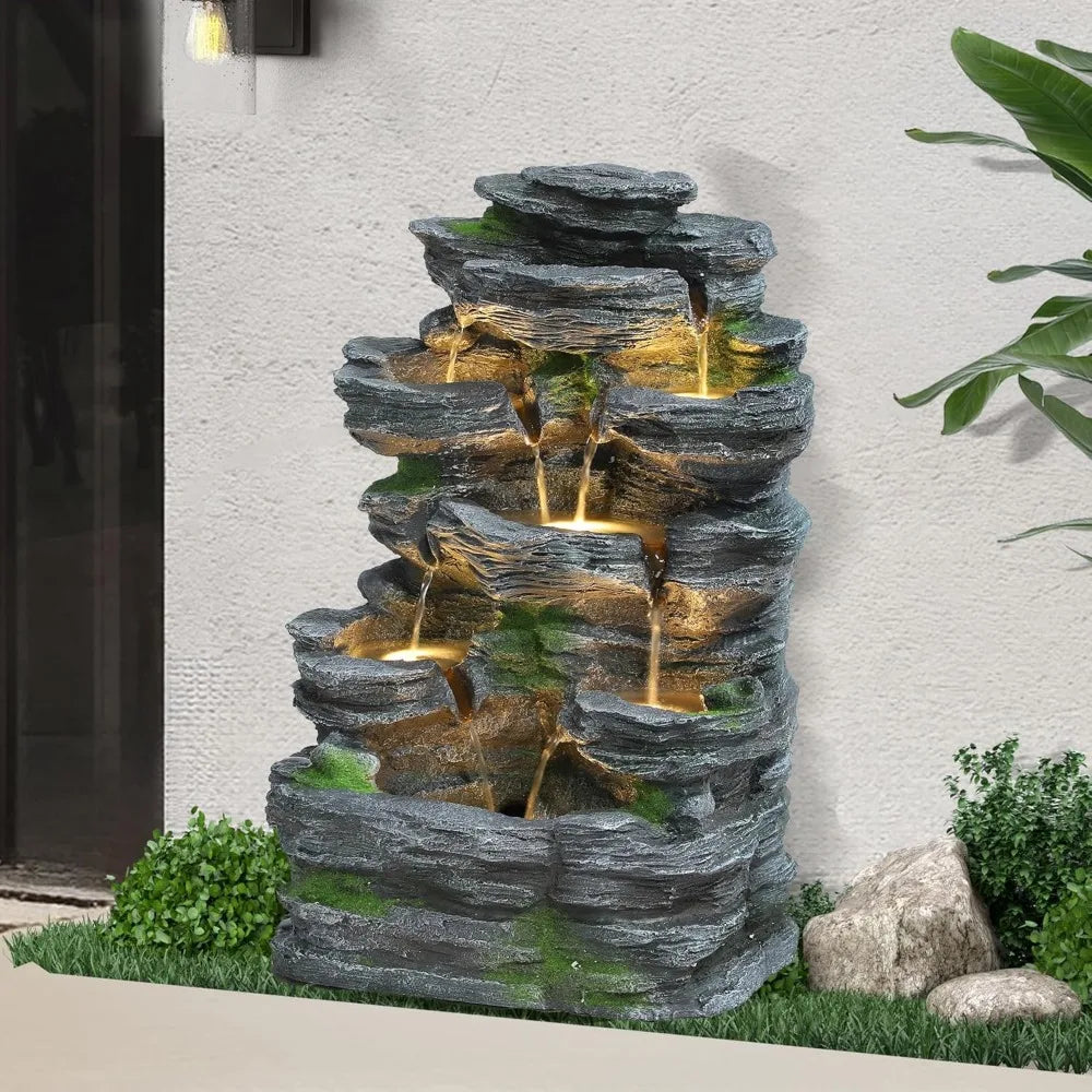 Seven-Tier Rock Waterfall Fountain With LED Lights
