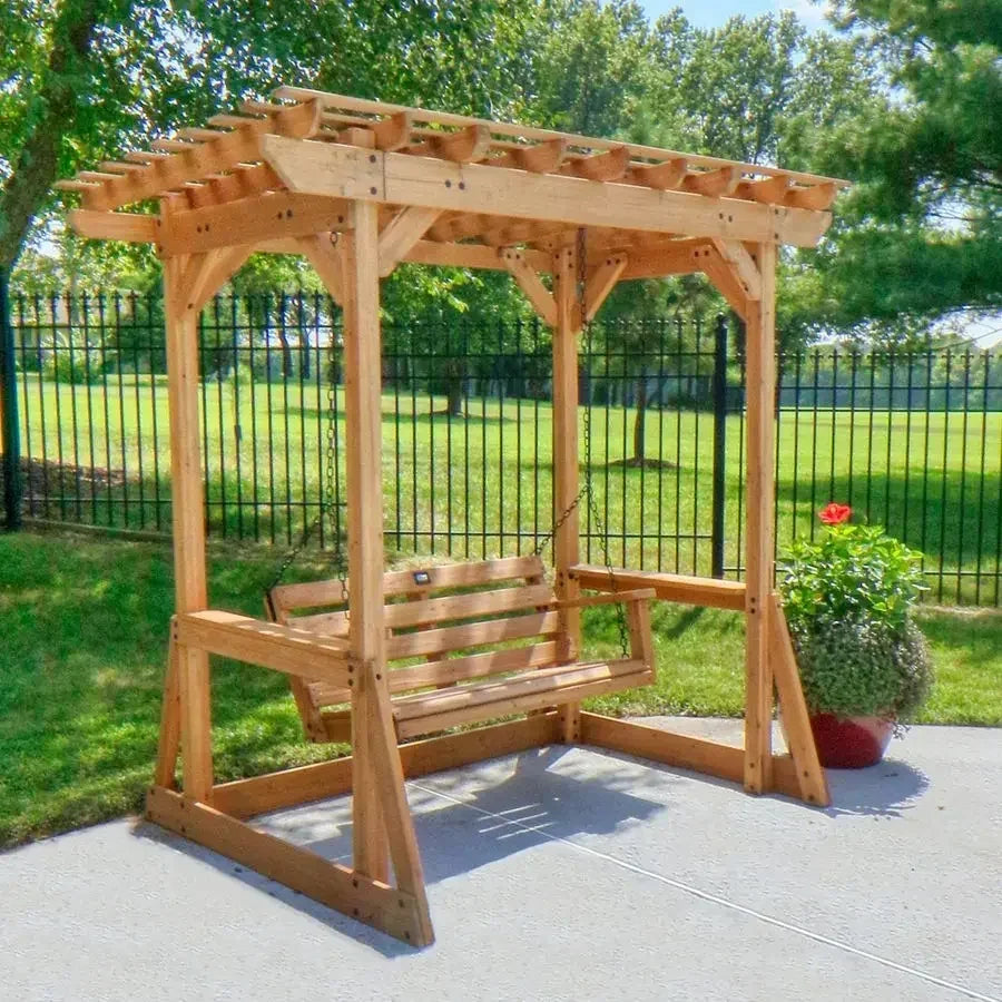Cedar Wood Outdoor Patio Swing Bench With Trellis For Two