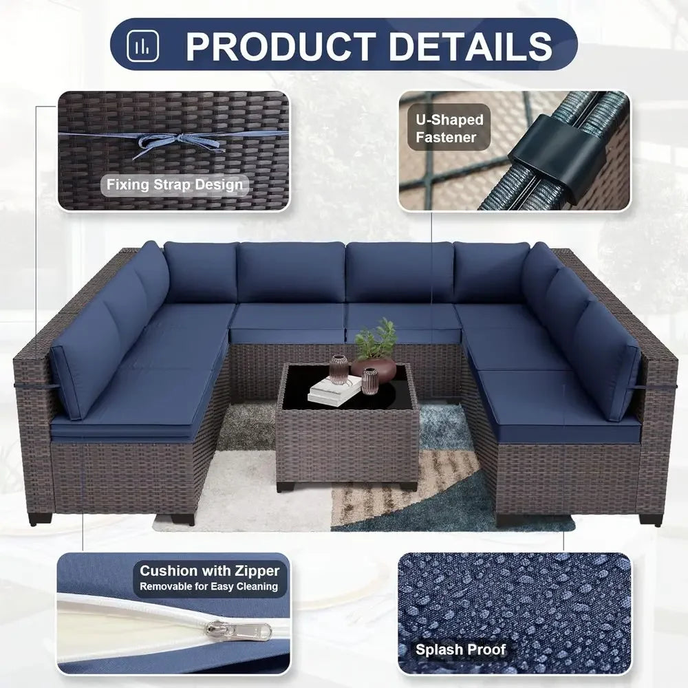 9-Piece Outdoor Patio Set With Rattan Wicker And Glass Coffee Table