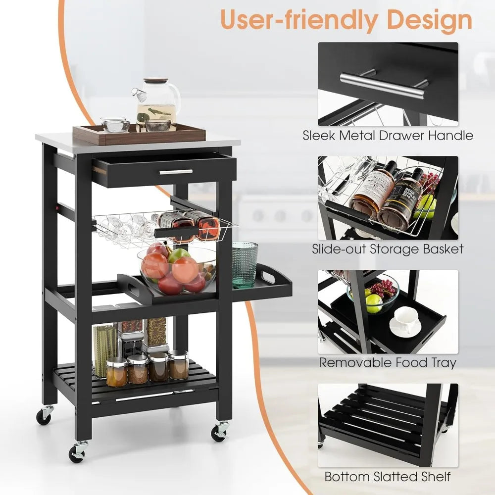Rolling Kitchen Island Cart With Drawer And Stainless Steel