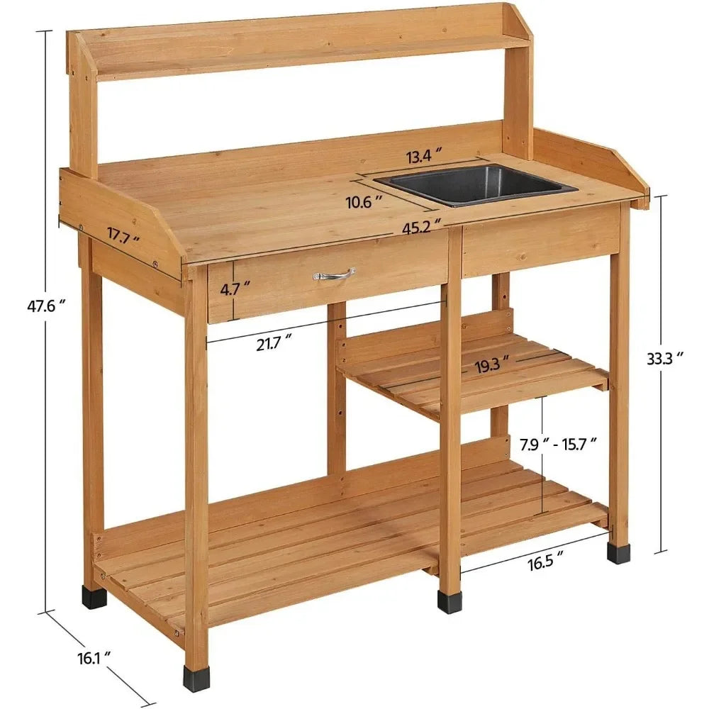 Outdoor Garden Potting Bench With Sink And Open Shelves