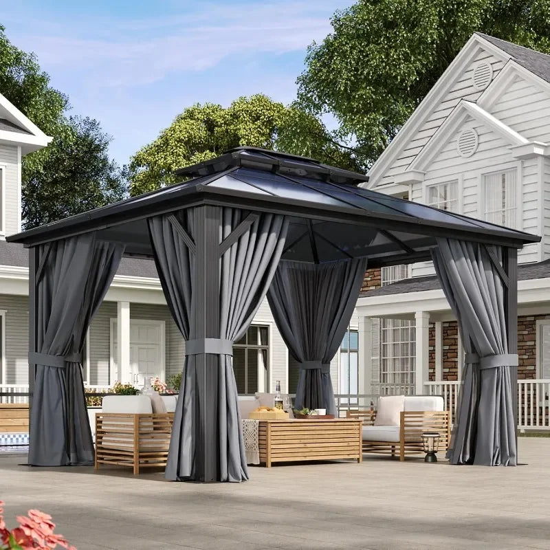 Hardtop Aluminum Gazebo With Curtains Netting And Outdoor Polycarbonate Roof