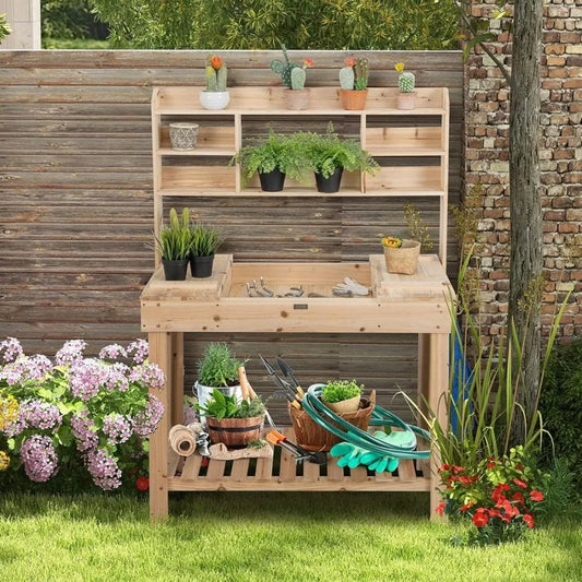 Garden Potting Bench with Display Rack and Hidden Sink