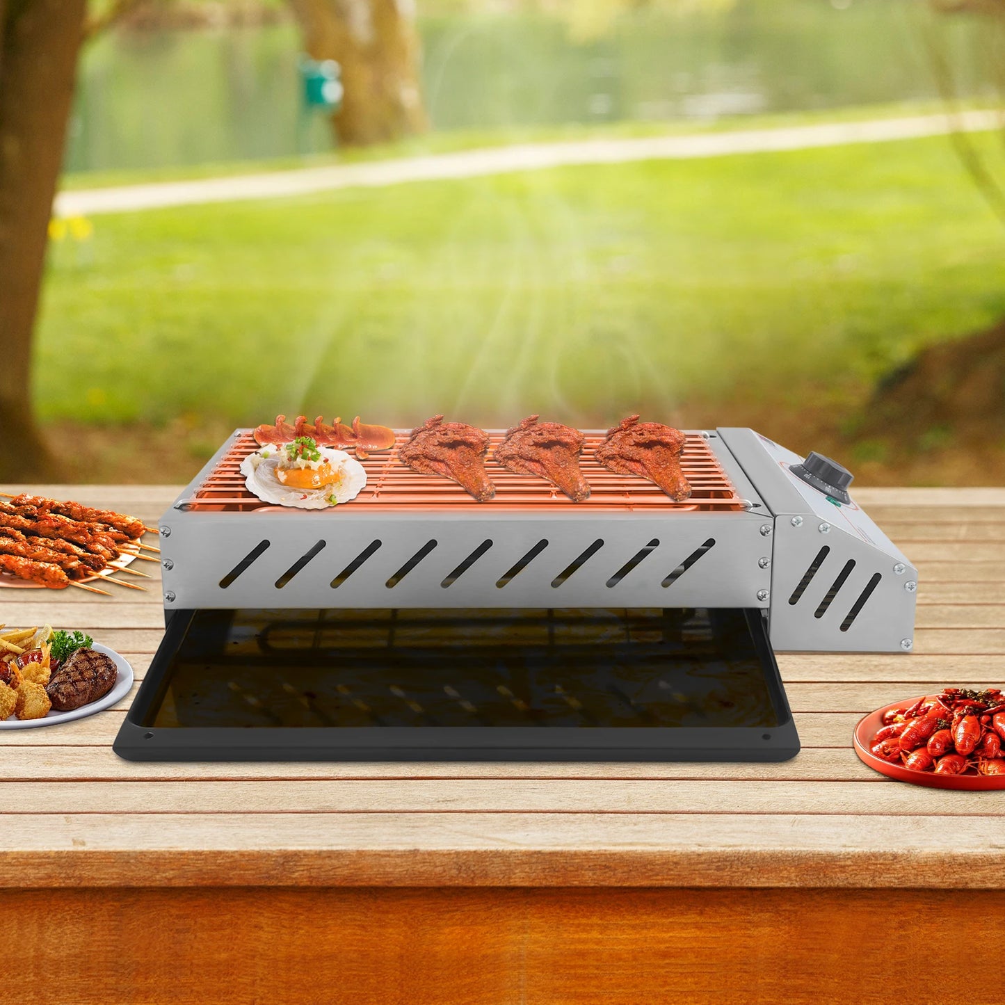 1800W Stainless Steel Electric Tabletop Grill with Adjustable Temperature Control