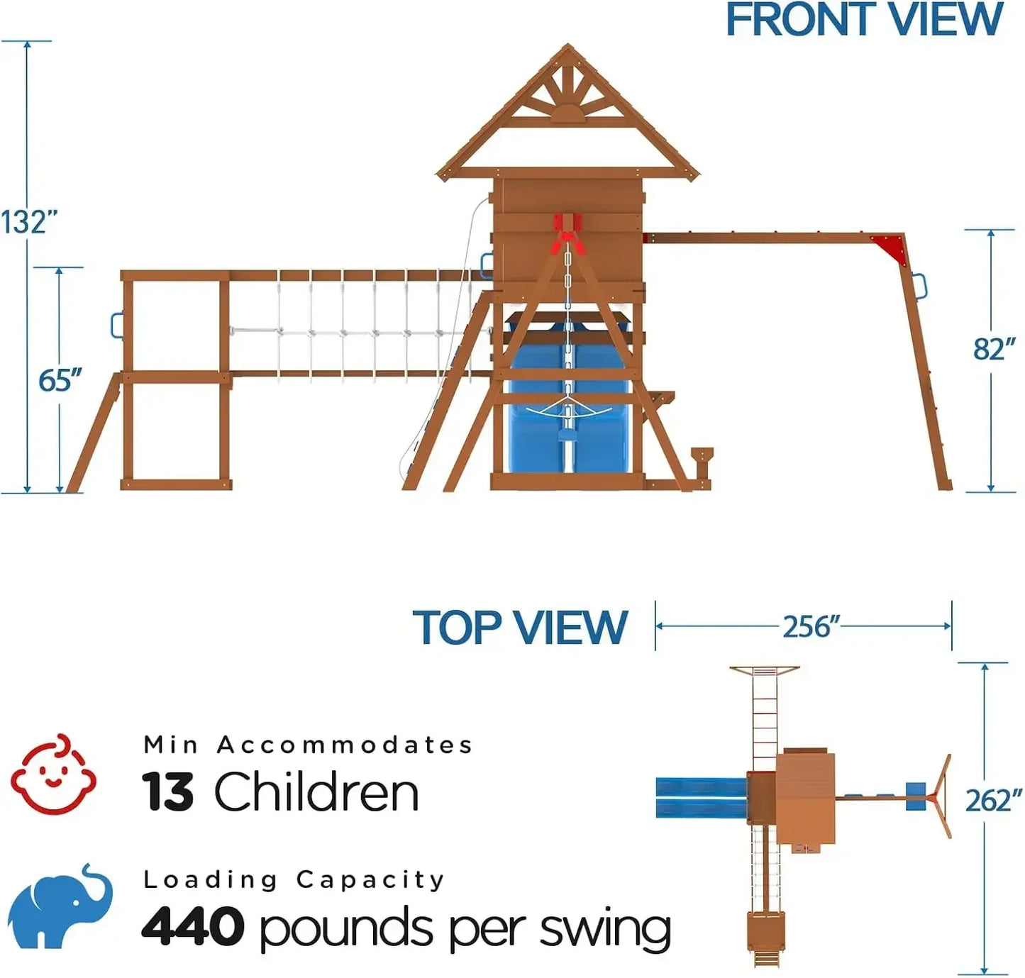 Wooden Backyard Swing Set With Plank Bridge And Monkey Bars
