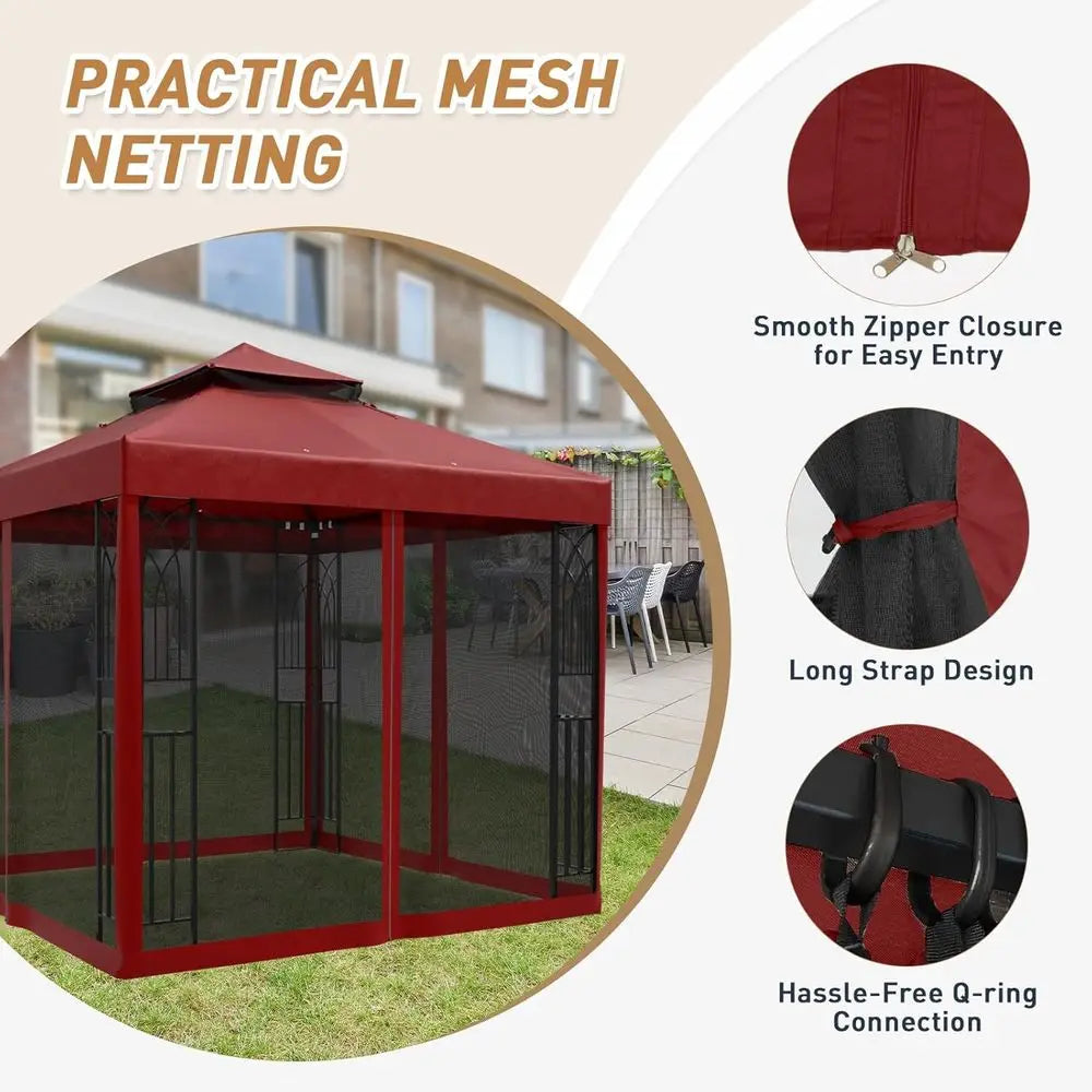 8' x 8' Outdoor Patio Gazebo with Mesh Netting & Built-In Corner Shelves