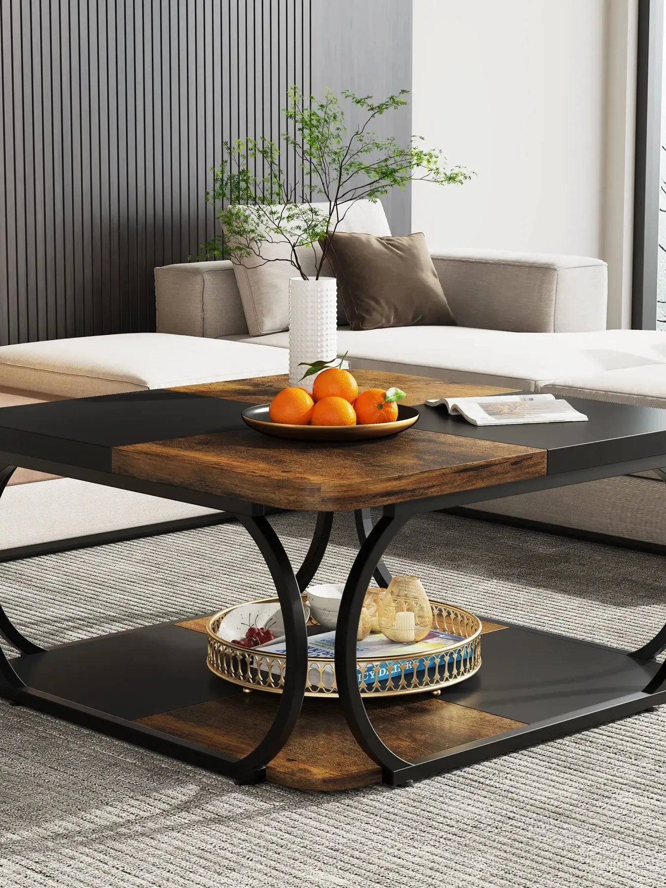 Tribesigns Square Farmhouse Coffee Table With Two Tier Storage Shelf