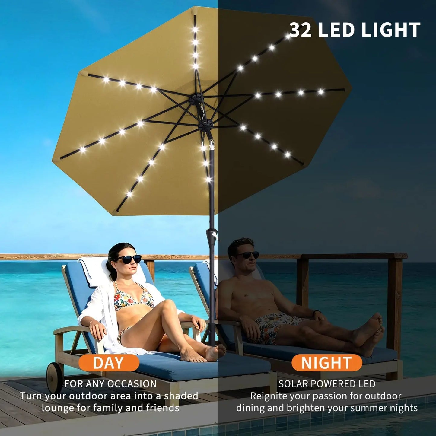 Solar Powered Patio Umbrella With 32 LED Lights Tilt System