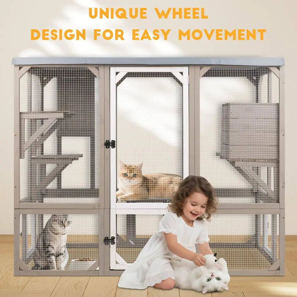 Wooden Outdoor Cat Catio with Platforms &amp; Resting Box