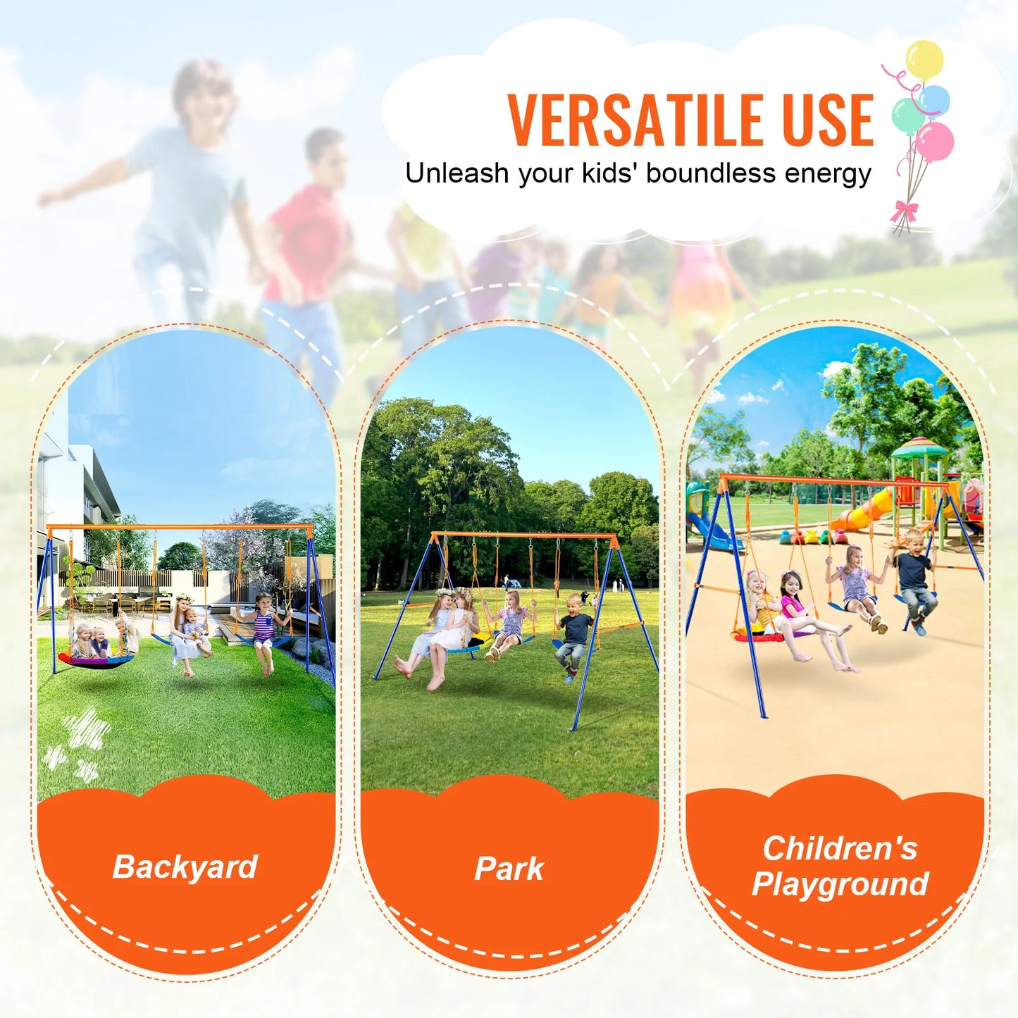 3-Seat Kids’ Outdoor Swing Set with Saucer Swing – 600 lb Capacity