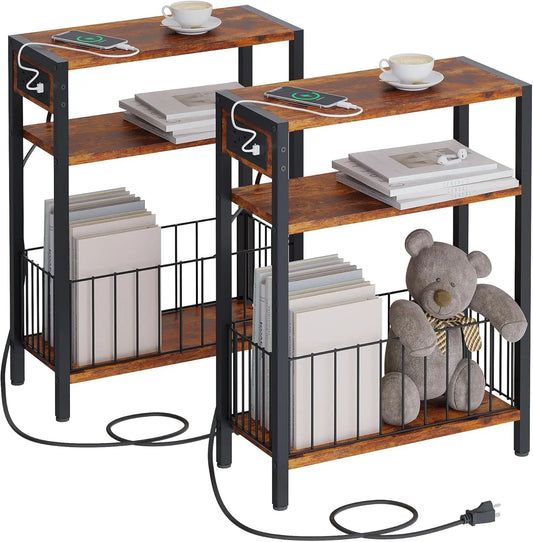Narrow Side Table Set with Charging Station and Storage Basket