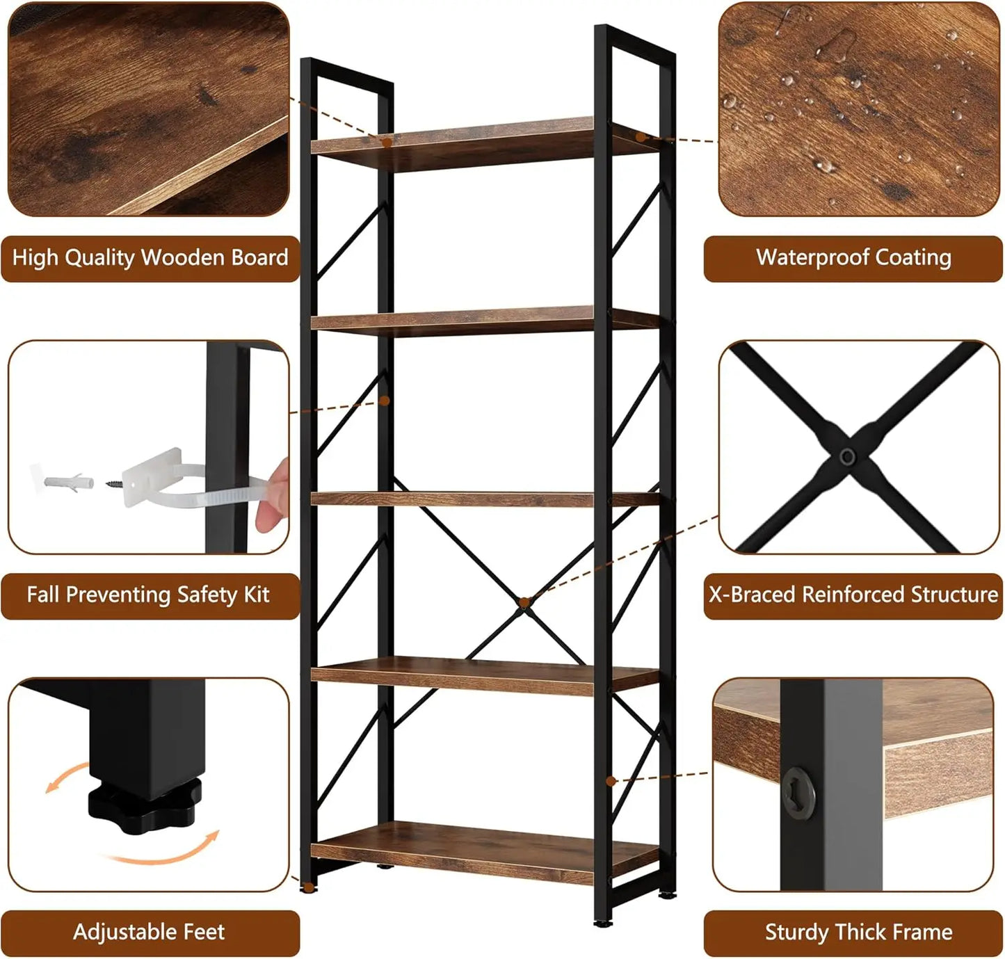 Five Tier Bookshelf Industrial Modern Design For Home