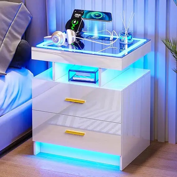 LED Nightstand With USB C Charging Station And 2 Drawers