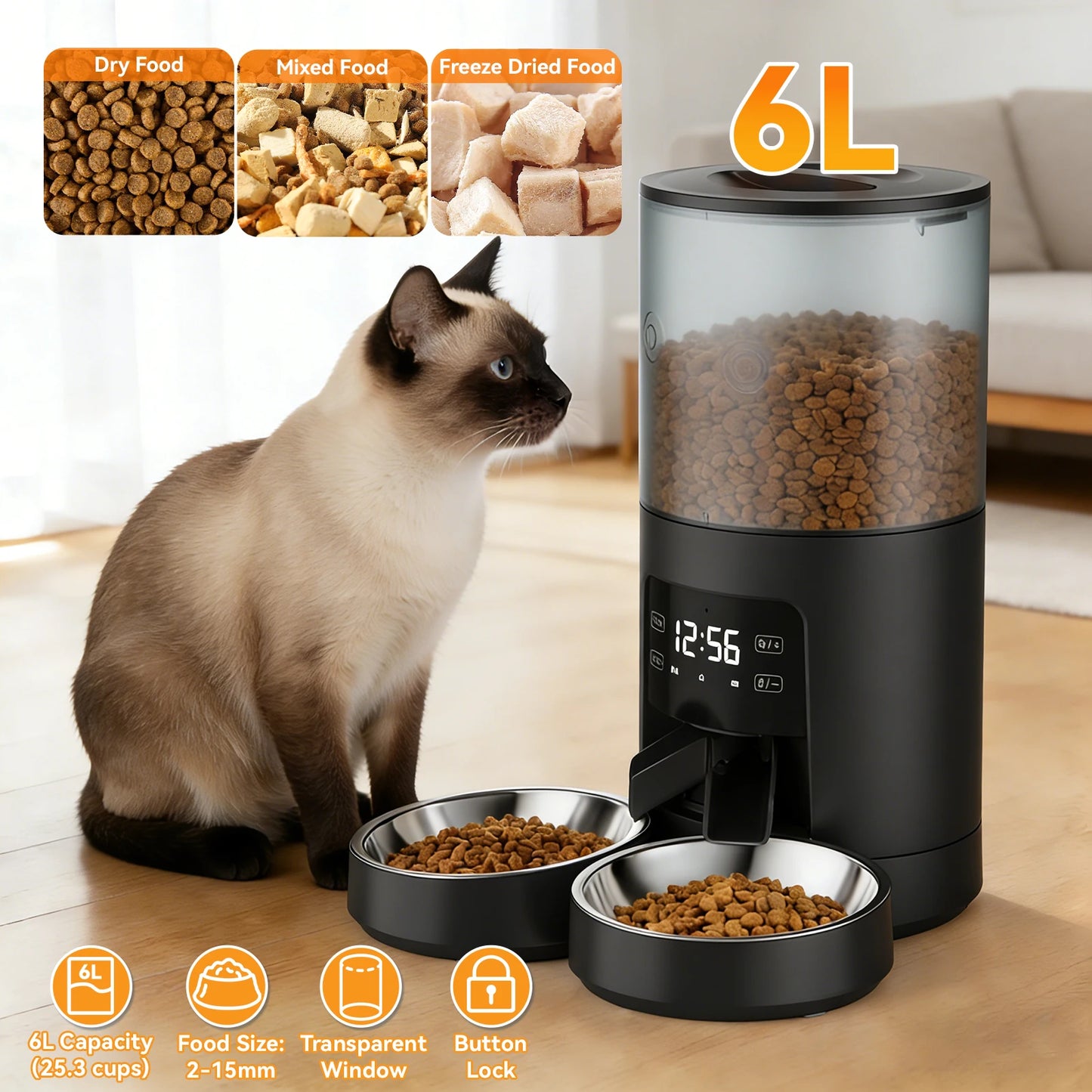 Automatic Cat Feeder With Stainless Bowls Timed Dispenser For Pets