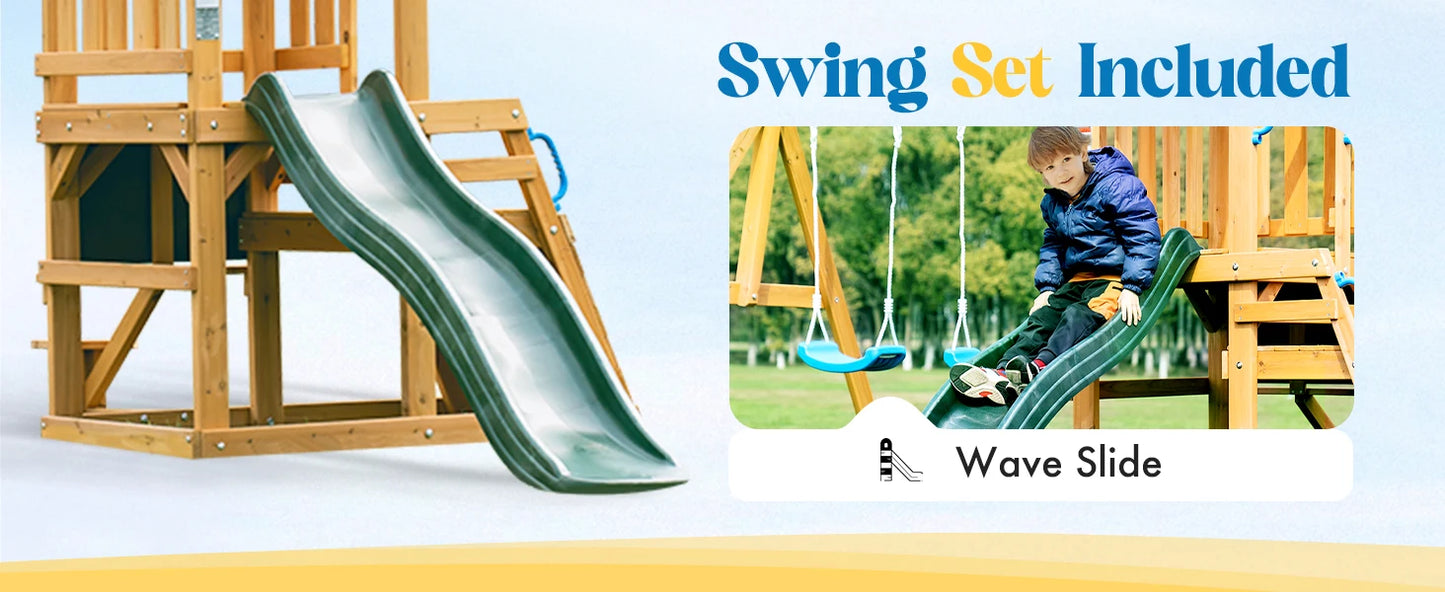 Robotime Robud Wooden Swing Set With Dual Swings Slide Chalkboard