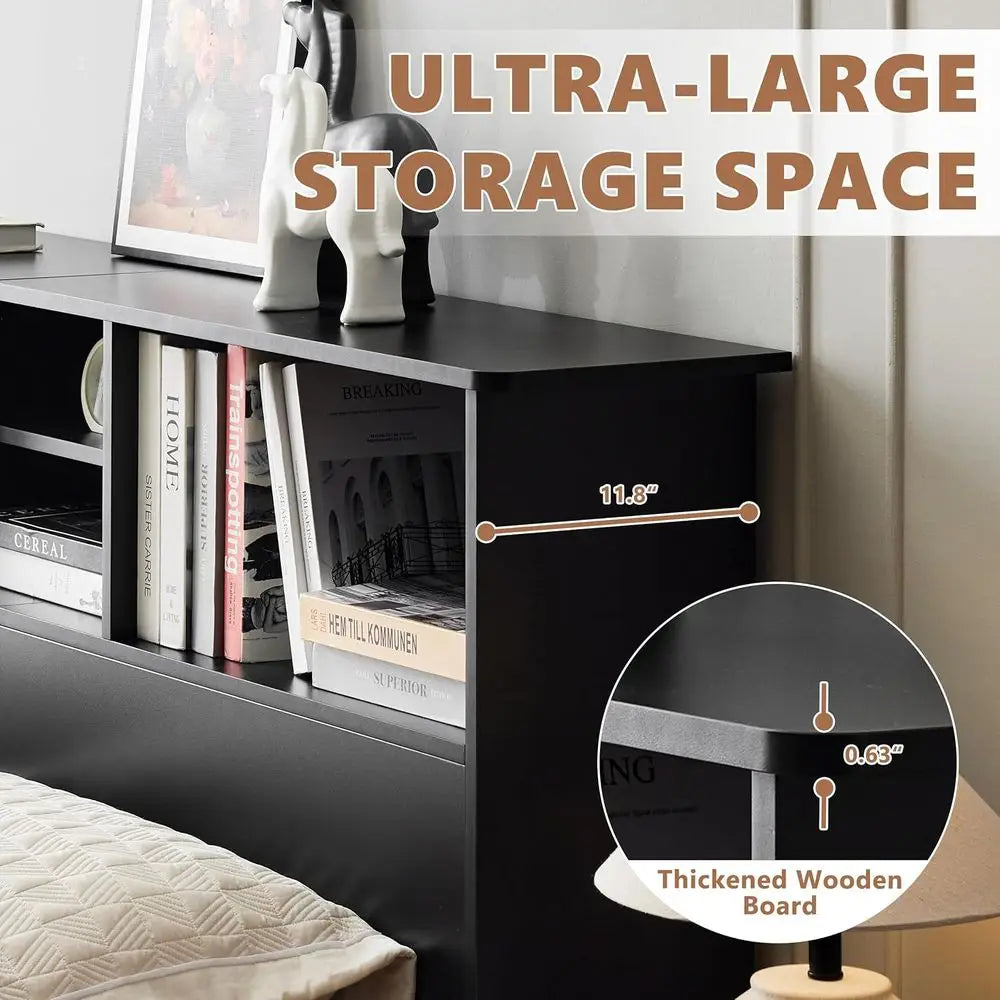 Wood Headboard With Storage And Adjustable Shelves With Four Compartments