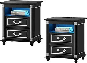 Nightstand With Charging Station And LED Lighted Drawers