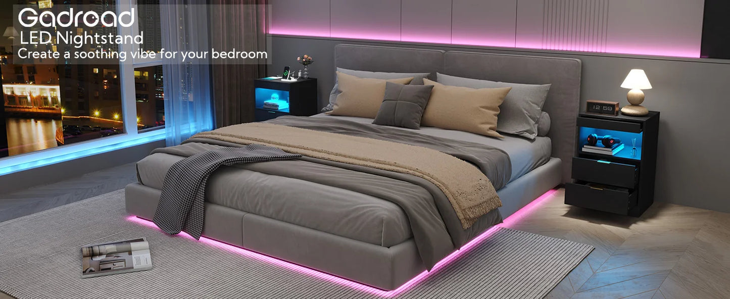 LED Nightstand With Charging Station and Drawer Storage