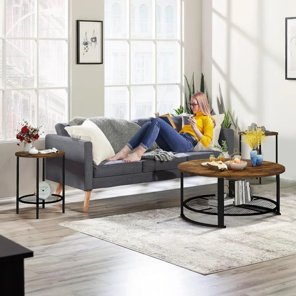 Round Coffee Table Set End Tables Modern Living Room