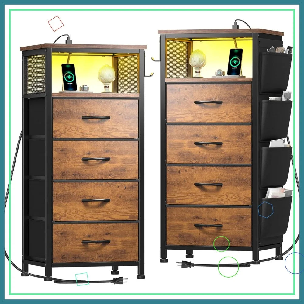 Nightstand Duo With Charging Station, LED Lights, Fabric Drawers