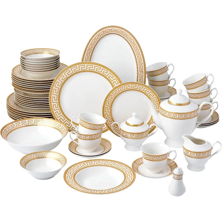 Bone China Dinnerware Set With Greek Key Pattern For Dining