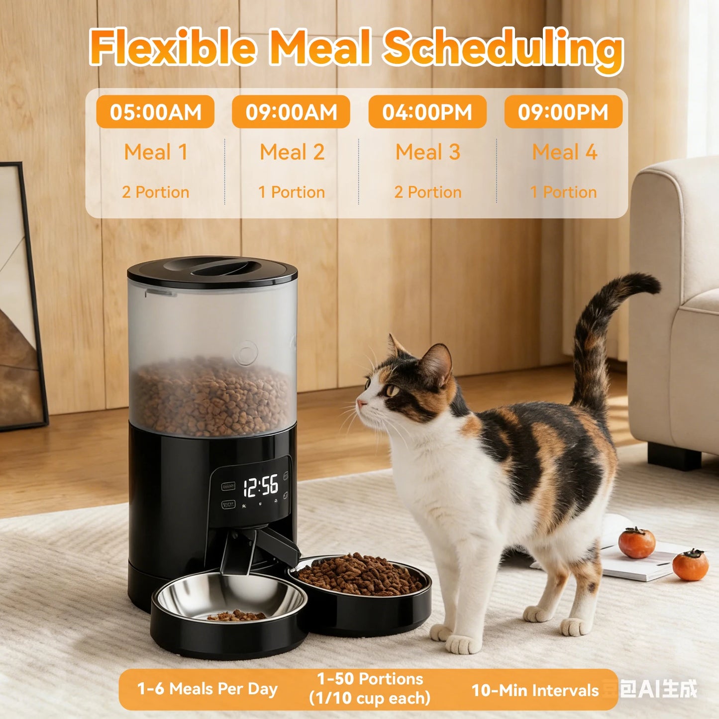 Automatic Cat Feeder With Stainless Bowls Timed Dispenser For Pets