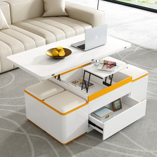 Lift Top Coffee Table With Four Storage Stools And Compartments