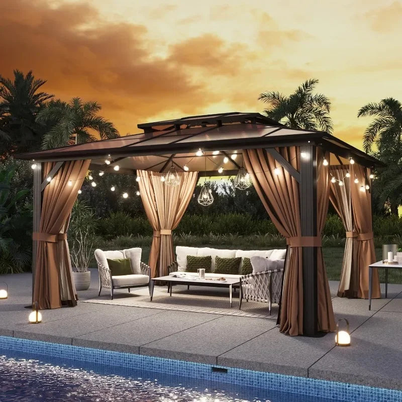 Hardtop Aluminum Gazebo With Curtains Netting And Outdoor Polycarbonate Roof