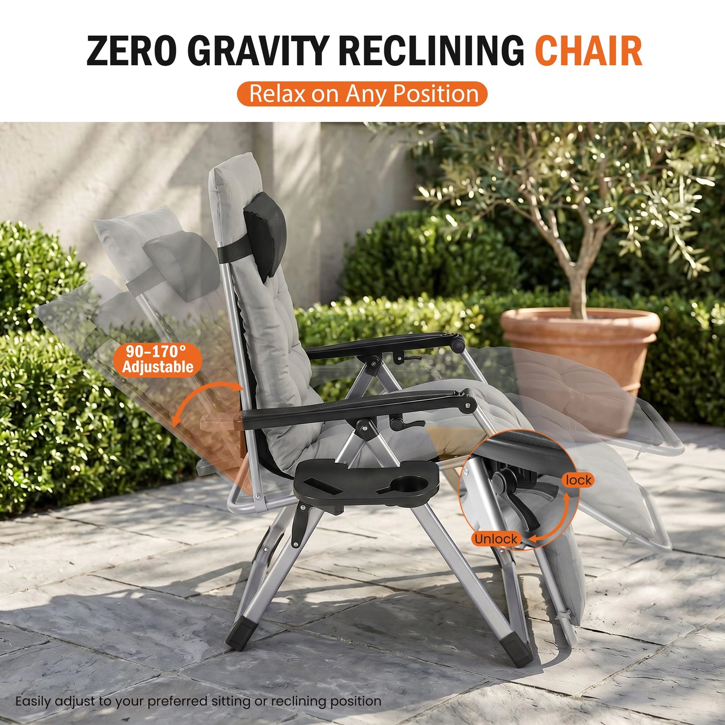 Zero Gravity Reclining Camping Lounge Chair With Cup Holder Trays