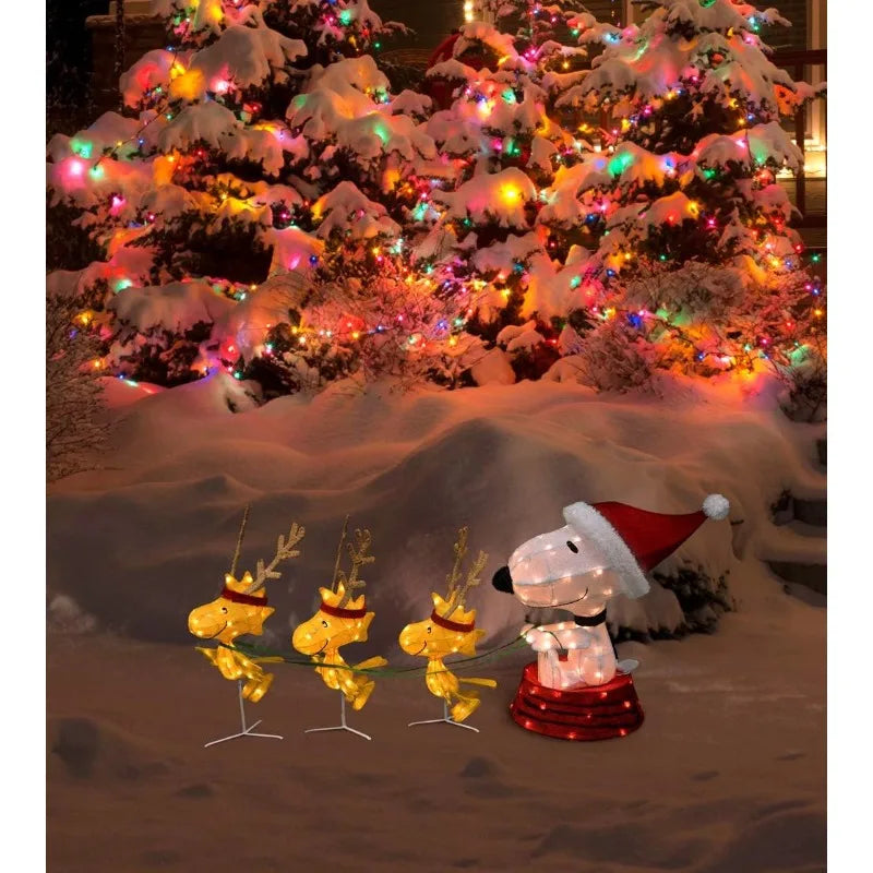 60-Inch Peanuts 4-Piece 3D LED Pre-Lit Snoopy in Dog Bowl Sled with Woodstock Reindeer Christmas Décor, 180 Lights