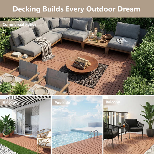 Plastic Interlocking Deck Tiles (44 Pack) - 12"x12" Outdoor Patio Flooring, Decking Tiles for Poolside, Backyard, Balcony