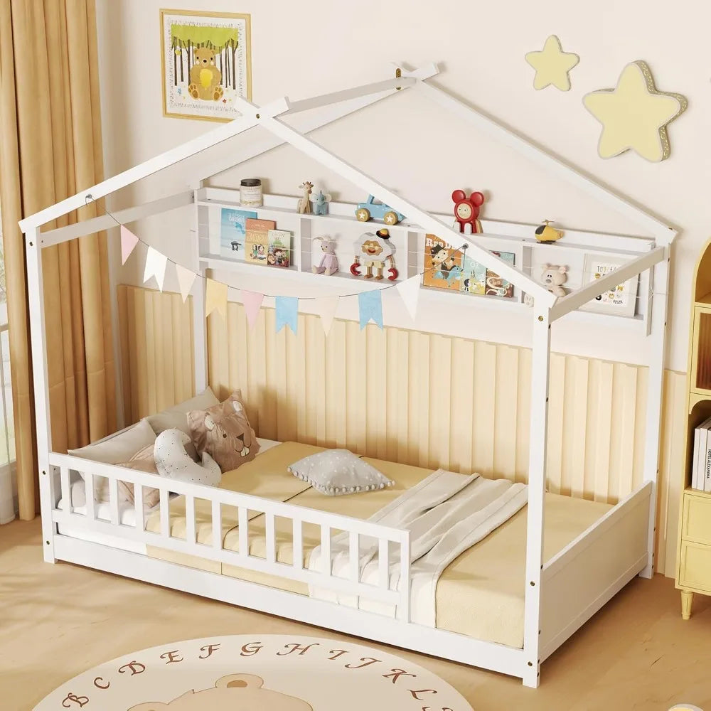 Giantex Floor Bed With Storage Shelf Headboard And Guardrail