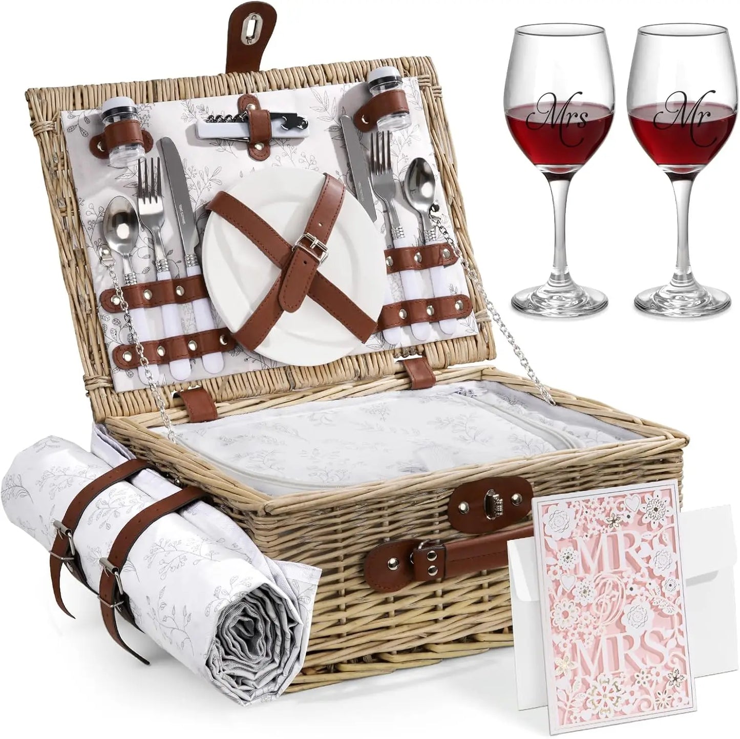Wicker Picnic Basket for Two with Blanket &amp; Wine Pouch | Outdoor Picnic Set